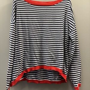 Striped Navy and White Sweater with Red Trim